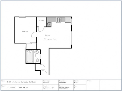Floor plan for 1 bed, 1 bath